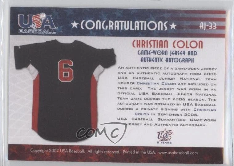2007 USA Baseball National Jersey & Signature Blue Ink /150 Christian Colon Auto - Image 2 of 2