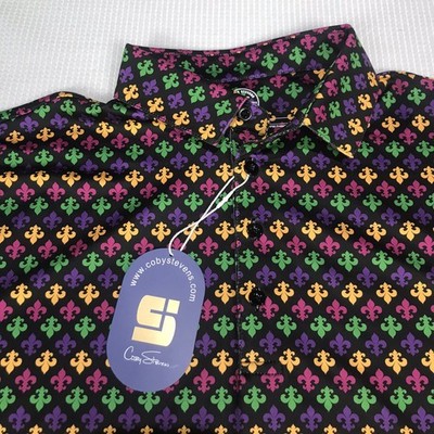 Coby Stevens Mens L Mardi Gras Fleur De Lis AOP Golf Polo Performance Shirt