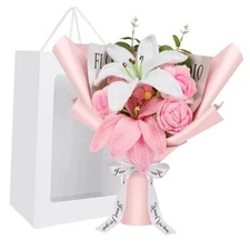 Crochet Flowers Crochet Flower Bouquet with Greeting Card Finished Pink