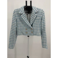 Jason Wu Blue White Tweed Cropped Double Breasted Jacket Women's 6 Bouclé