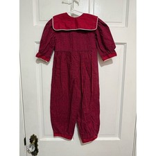 Vintage 1980s 1990s Red Floral Jumpsuit Romper Collar Girls
