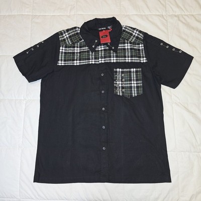 Dead Threads Mens M Punk Button Up Tartan Plaid Safety Pin Embellished Shirt Alt