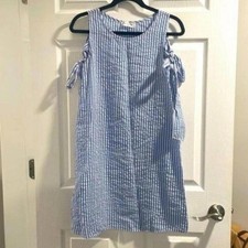 Ces Femmes Blue and White Seersucker Striped Cold Shoulder Shift Dress