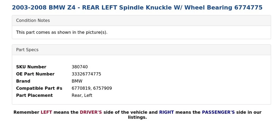 2003-2008 BMW Z4 - REAR LEFT Spindle Knuckle W/ Wheel Bearing 6774775 - Image 4 of 4