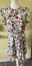 THML Floral Ruffle Sleeve Tiered Midi Dress Size L White Multicolor Cotton EUC