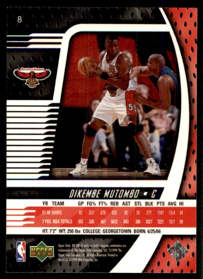 1998-99 Upper Deck Ionix Dikembe Mutombo Atlanta Hawks #8 - Image 2 of 2