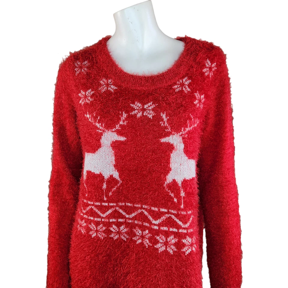 Suéter de Navidad French Laundry Para Mujer Grande Difuso Feo Reno Rojo Pullover Foto 3 de 4