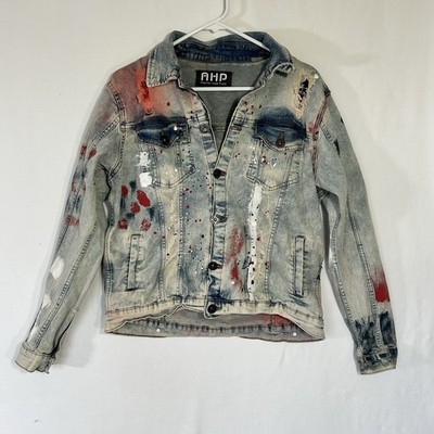 Another Hype Piece AHP Mens Jacket Denim Distressed Paint Splatter Streetwear M