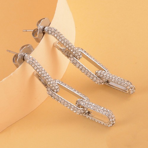 1.75" Silver Plated On Brass Womens CZ Pave Paper Clip Dangle Earrings - Picture 2 of 6