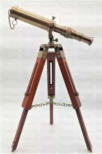 Vintage Brass Telescope With Wooden Tripod Stand, Brass Finish Maritime Nautical