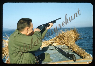 Man Duck Hunting Gun Rifle Blind 35mm Slide 1950s Red Border Kodachrome