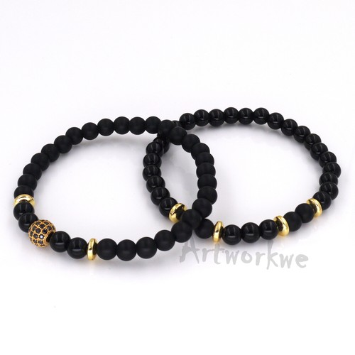 2Pcs Men Women 6mm Black Natural Stone Distance Yoga Couples Bracelets Gift - Picture 2 of 5