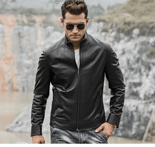 Men's Black Biker Slim Fit Cafe Racer 