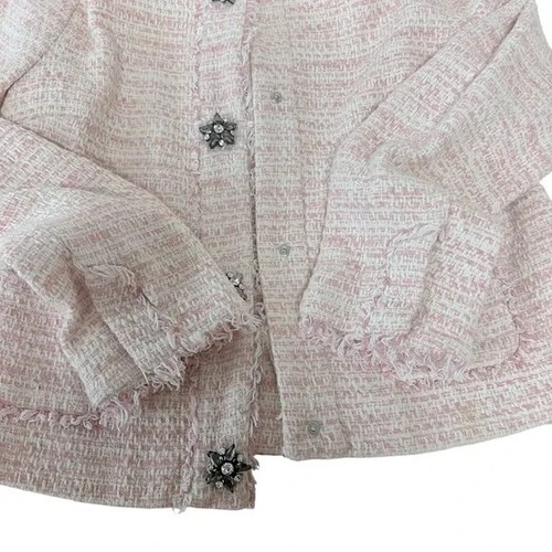 Zara Pink Tweed Blazer Jacket Small Crystal Flower Snap Buttons Fringe Cuffs - Picture 12 of 16