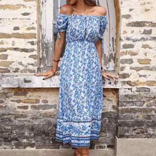 Abito vestito donna maxi lungo blu bianco leggero boho bohemian svasato 3701