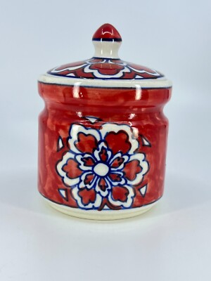 Pier 1 Imports Red & White Floral Spice Jar w/Lid from India Ceramic Canister