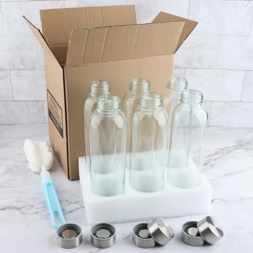 6 Pack Glass Water Bottles 16oz Clear Glass Bottles With Stainless Steel Lids Re