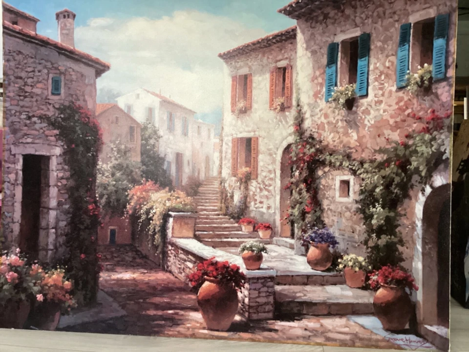 48”X36”Hermoso pueblo europeo estilo Howard Behrens firmado Steve Harvey? Foto 4 de 4