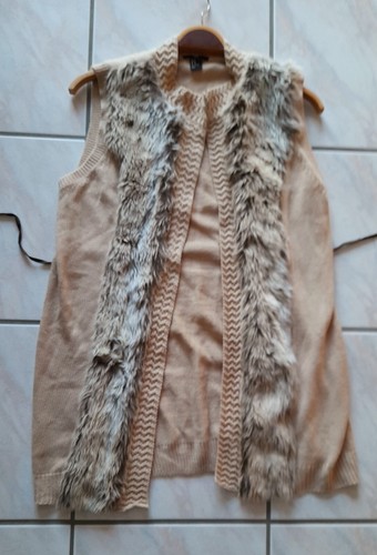 H&M lange Damen Strickweste Cardigan Weste mit Kunstfell Gr. M braun Gürtel - Bild 2 von 12