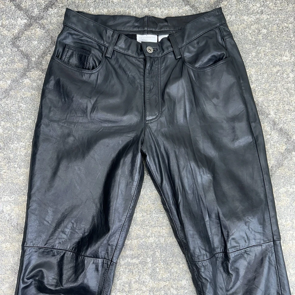 De Colección Mujer’s 90s Liz Claiborne Pantalón Cuero Negro Talla 12 Pierna Recta Relajado Foto 2 de 4
