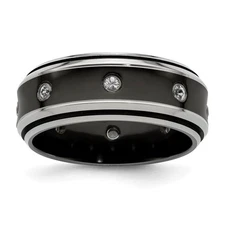 Black Ti Titanium Polished White Sapphire Sterling Silver 9mm Band Ring Sz 12.5