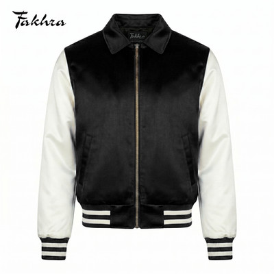 Varsity Bomber Jacket Mens Satin Black White Sleeves Point Collar Zip Letterman