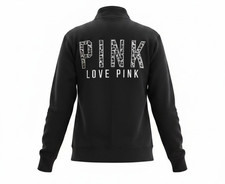 Victorias Secret PINK Half Zip Sweatshirt M Black Leopard Cheetah Back Logo Pull