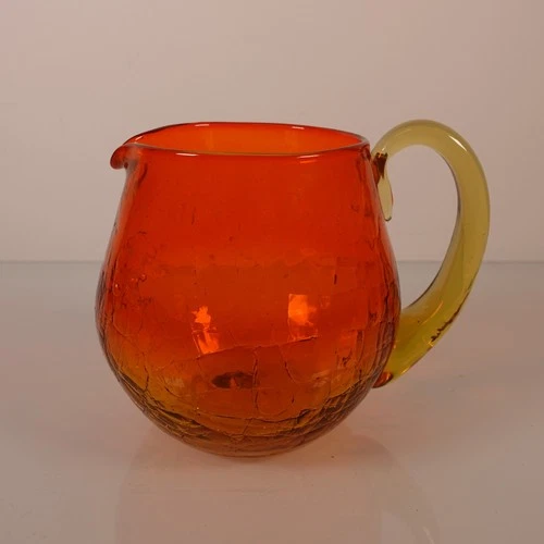Blenko Tangerine Orange Crackle Glass Squat Pitcher with Yellow Handle Handblown