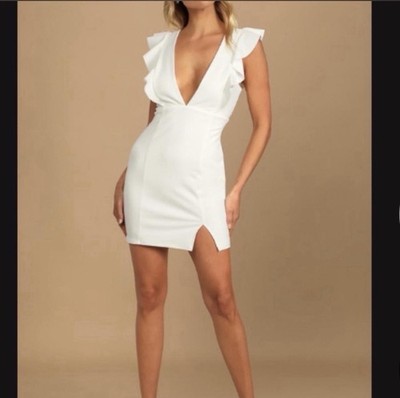 LULUS Saw You Dancing White Ruffled V Neck Bodycon Mini Dress Size M NWT