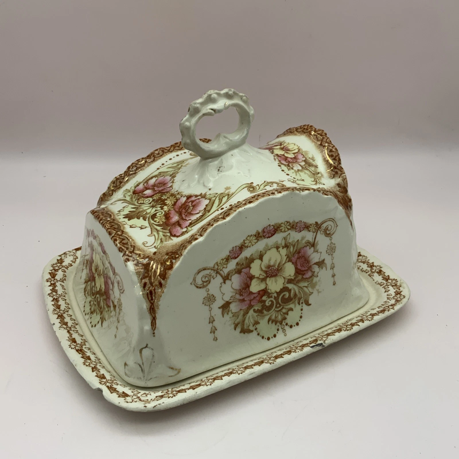 Vintage Cheese Wedge Butter Dish Server Antique Floral Cottagecore Ironstone