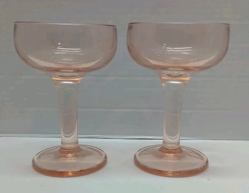2 Vintage 5.5” Pink Depression Glass Rose Champagne Glasses READ