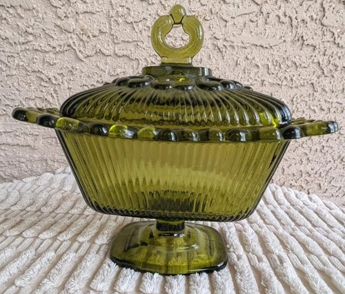 Antique Avocado Green  Indiana /Depression Open Lace Glass Candy Dish W/Lid