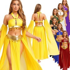 US Women Belly Dance 4-Pcs Sequins Costume Crop Top with Side Slit Chiffon Skirt
