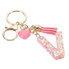 Initial Letter Keychain, Letter V Heart Design Charm with Tassels, Pink