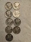 (9)  1940's Era Mercury Silver Dime Collection.  90 % Silver. Free Ship W/Insur