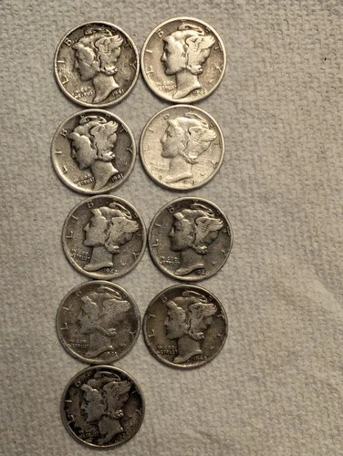 (9)  1940's Era Mercury Silver Dime Collection.  90 % Silver. Free Ship W/Insur