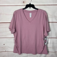 RBX Top Womens 3X Pink V-Neck T-Shirt Elbow Sleeve Shirred Side Cotton Blend
