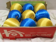 9 Blue Gold Satin Spun Silk Sheen Christmas Balls Ornaments Styro 3" D5064