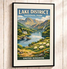 Lake District National Park UK Travel Poster, Vintage England Landscape Wall Art