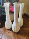 Lot of 3 Vintage 1970s Milk Glass Bud Vases – Ribbed Scalloped White Glass Set