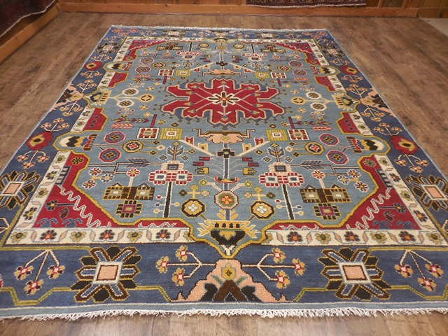 Turkish Oushak Rug, Geometric Multicolored Handmade Bohemian Rug 8x10.2 Ft