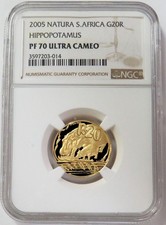 2005 GOLD SOUTH AFRICA 20 RAND NATURA 1/4 OZ HIPPOPOTAMUS COIN NGC PROOF 70 UC