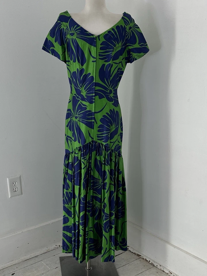 Maxi Vestido Floral Hawaiano Verde Y Azul Gran Escala Años 60 De Colección Foto 2 de 4