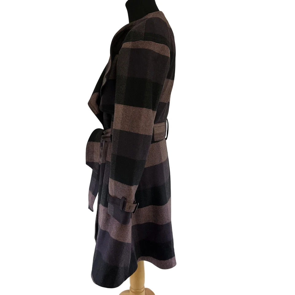 Abrigo Ted Baker Mezcla Lana Patrón Cuadros Cinturón Púrpura Talla 4 Foto 2 de 4