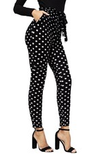 Black White Polka Dot Belted Bow Ruffle Waist Skinny Dress Pants Women Large