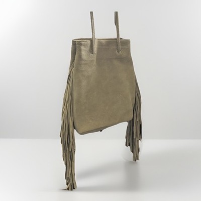 Monserat De Lucca Petite Fringe Crossbody Suede Bucket Bag Taupe Boho Festival