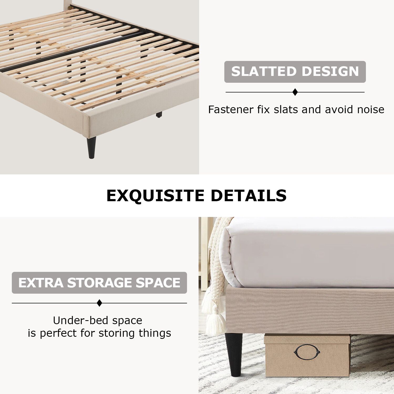 Upholstered Platform Bed Frame with Fabric Headboard and Wooden Slats