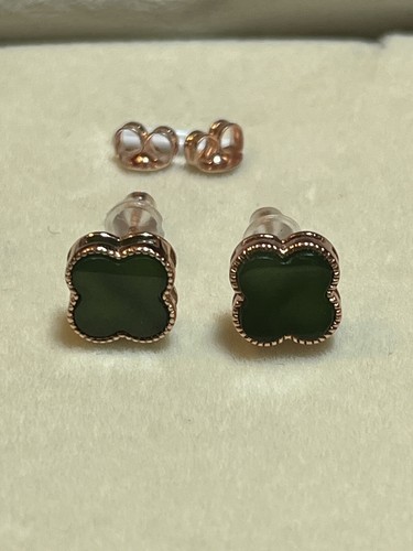 Rose Gold Over 925 Sterling Silver Green Jade Clover Earrings - Picture 5 of 9