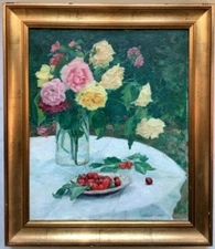 Early 20th Signed - Huge Impressionist - Bouquet of Roses Flowers with Cherries
