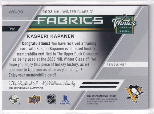 Upper Deck SP Game Used 2023-24 NHL WC-20 Kasperi Kapanen Tessuto Patch - Foto 2 di 2